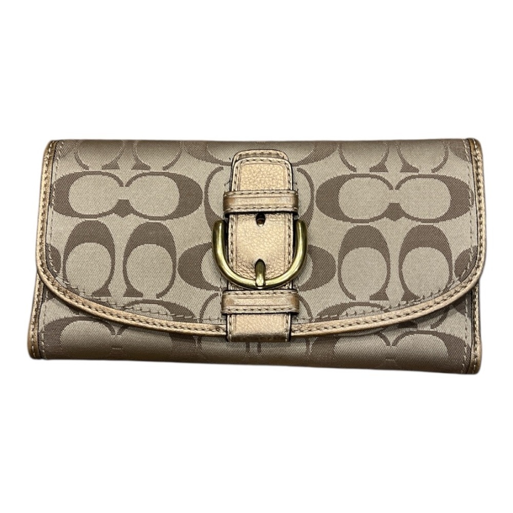 New Coach Khaki Gold Soho Lux Signature and Leather Checkbook Wallet 42060 New